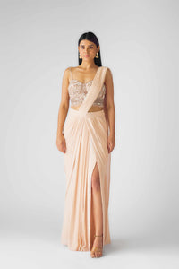 PEACH PRE STITCHED DRAPED SAREE