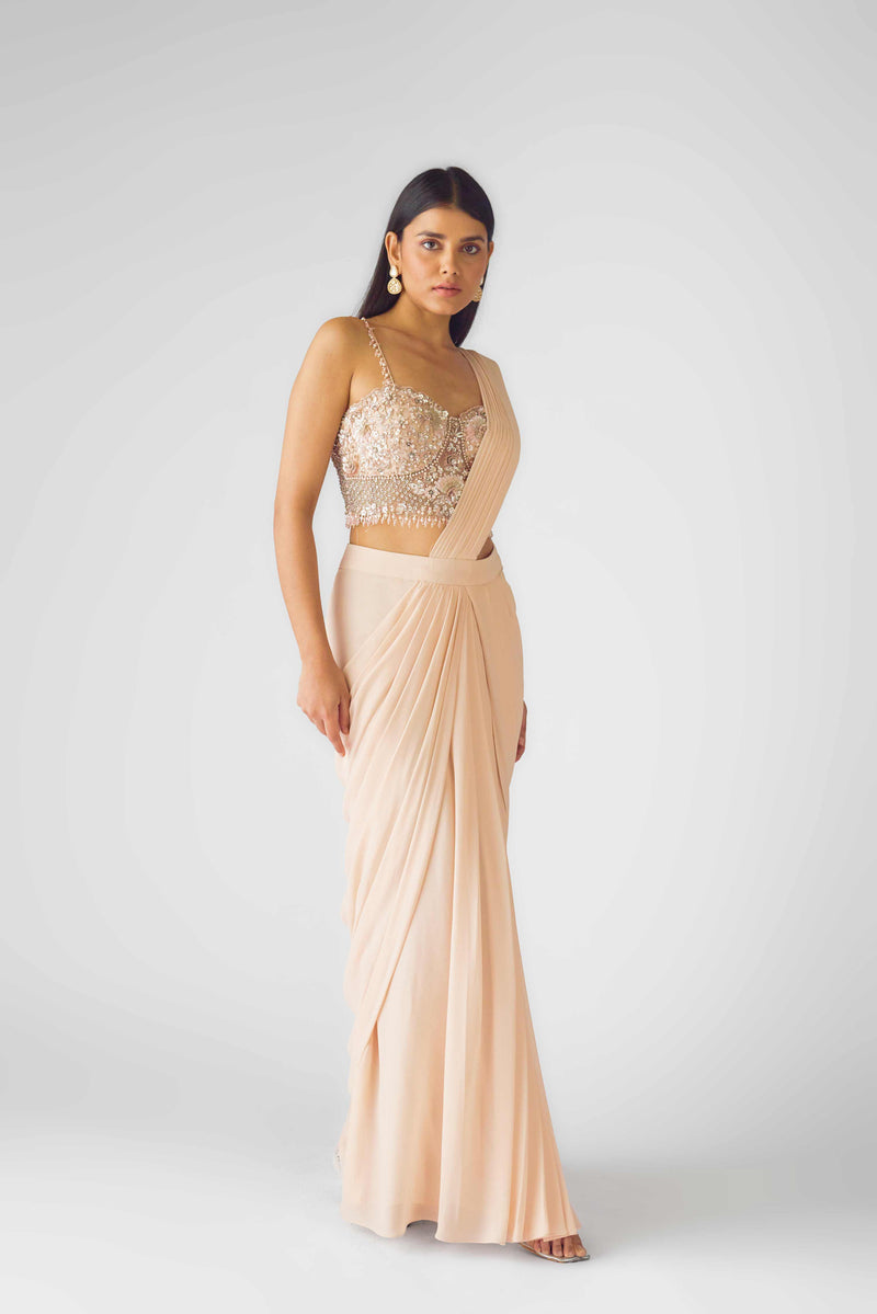 PEACH PRE STITCHED DRAPED SAREE
