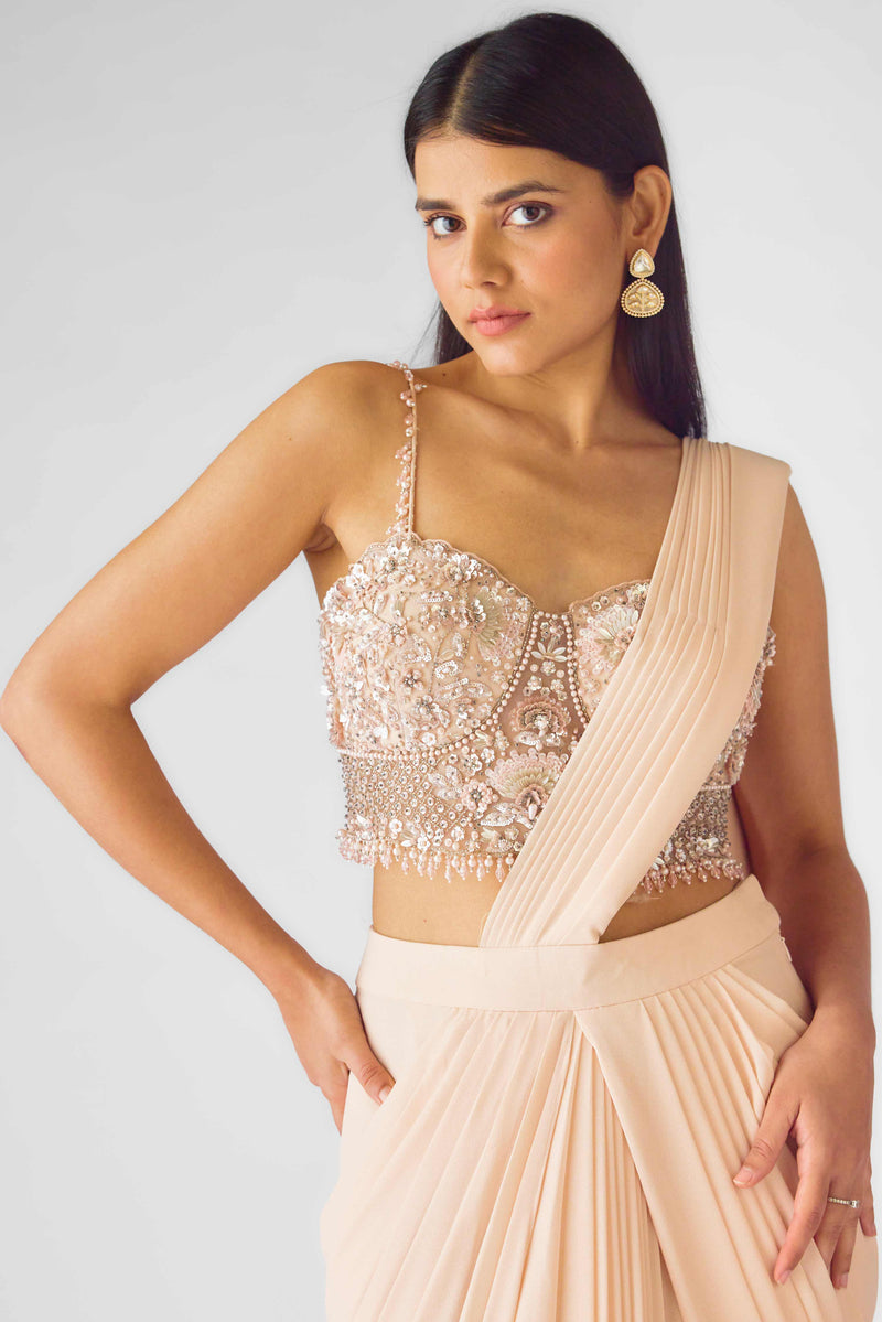 PEACH PRE STITCHED DRAPED SAREE