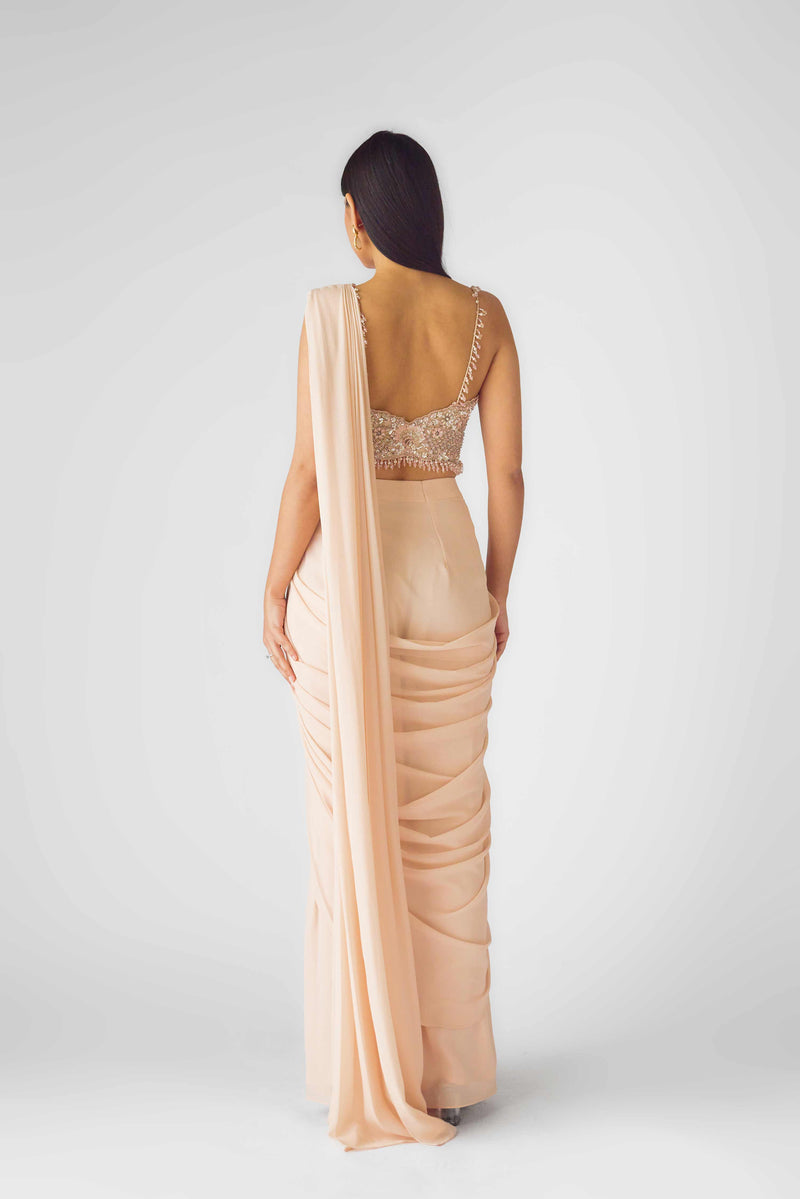 PEACH PRE STITCHED DRAPED SAREE