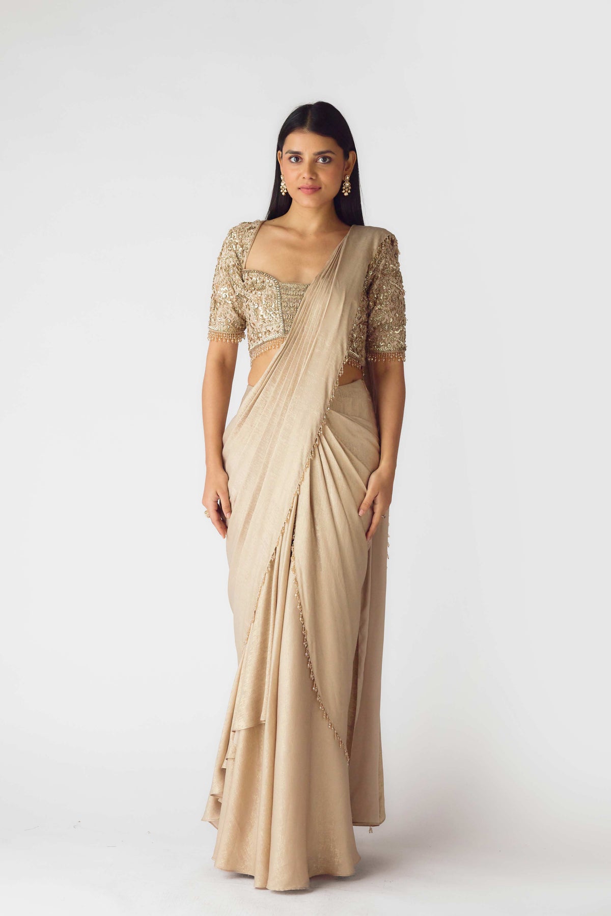 GOLD PRE STITCHED COCTAIL SAREE WITH SEQUINS DETAILING