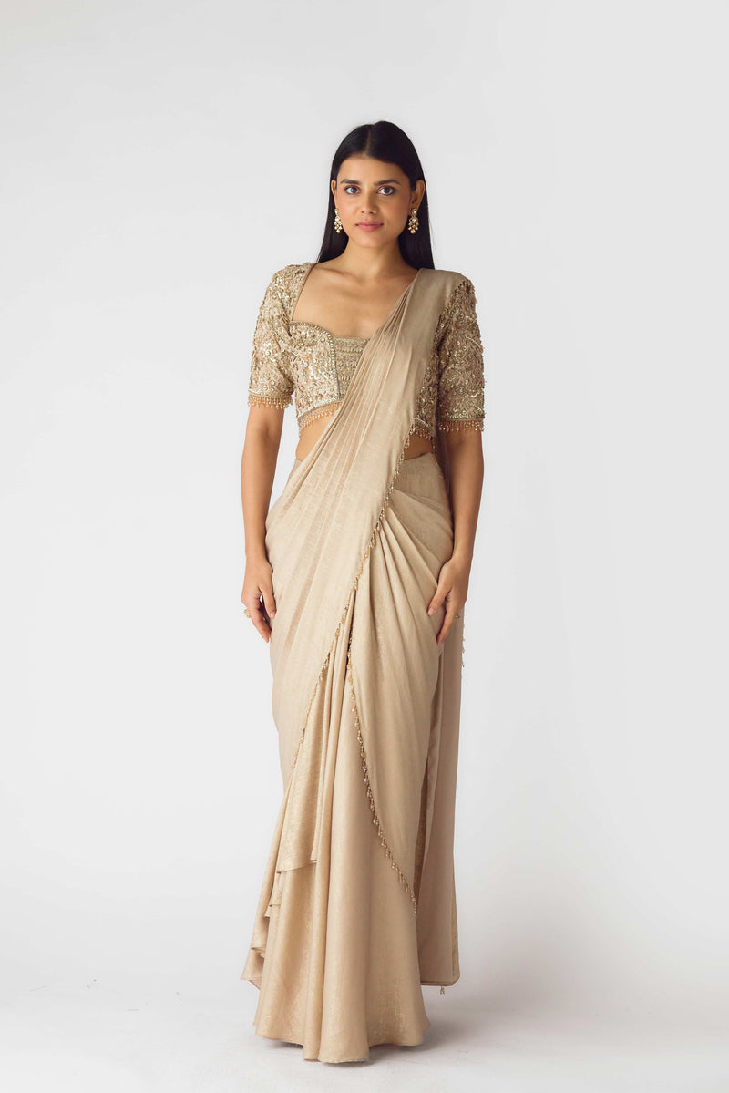 GOLD PRE STITCHED COCTAIL SAREE WITH SEQUINS DETAILING