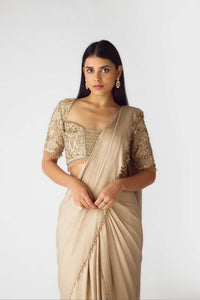 GOLD PRE STITCHED COCTAIL SAREE WITH SEQUINS DETAILING