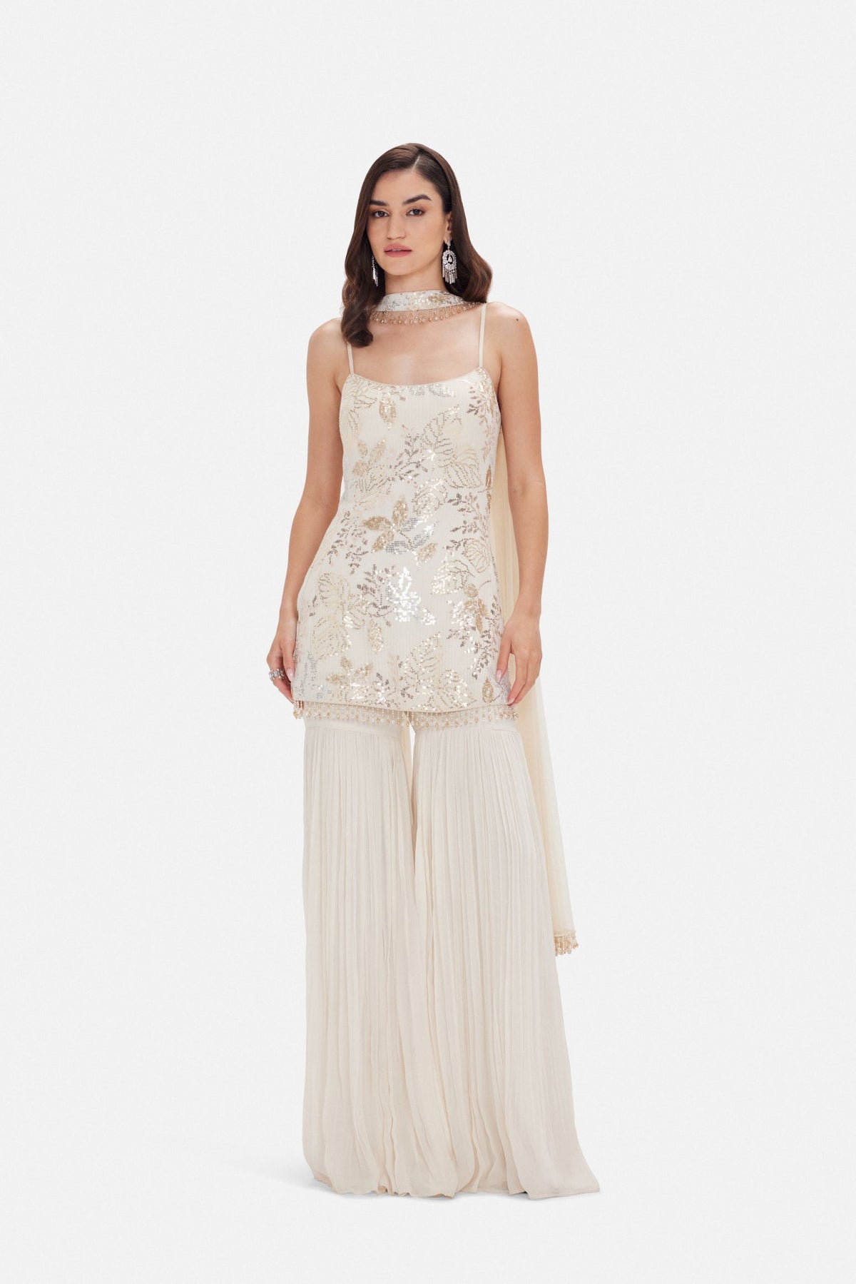 Ivory sequins embroidered georgette sharara set for wedding and reception wear