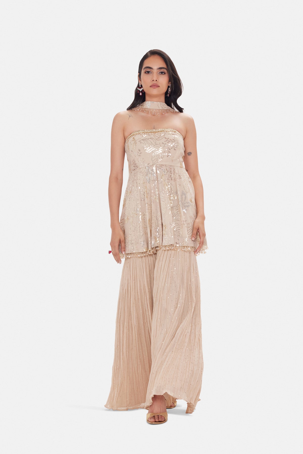 BEIGE SEQUINS EMBROIDERED SHARARA SET