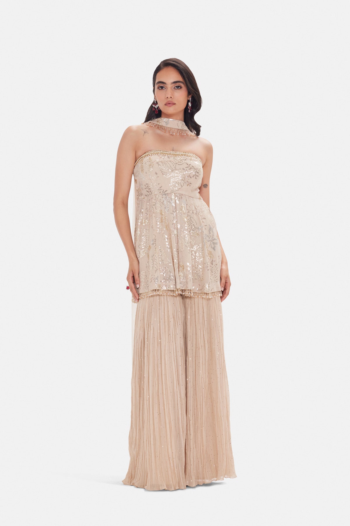 BEIGE SEQUINS EMBROIDERED SHARARA SET