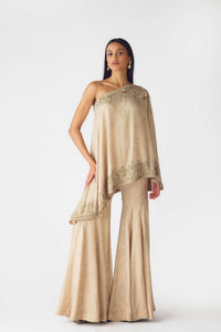 GOLD COCKTAIL SHARARA SET WITH ASYMMETRICAL ONE SHOULDER CUT