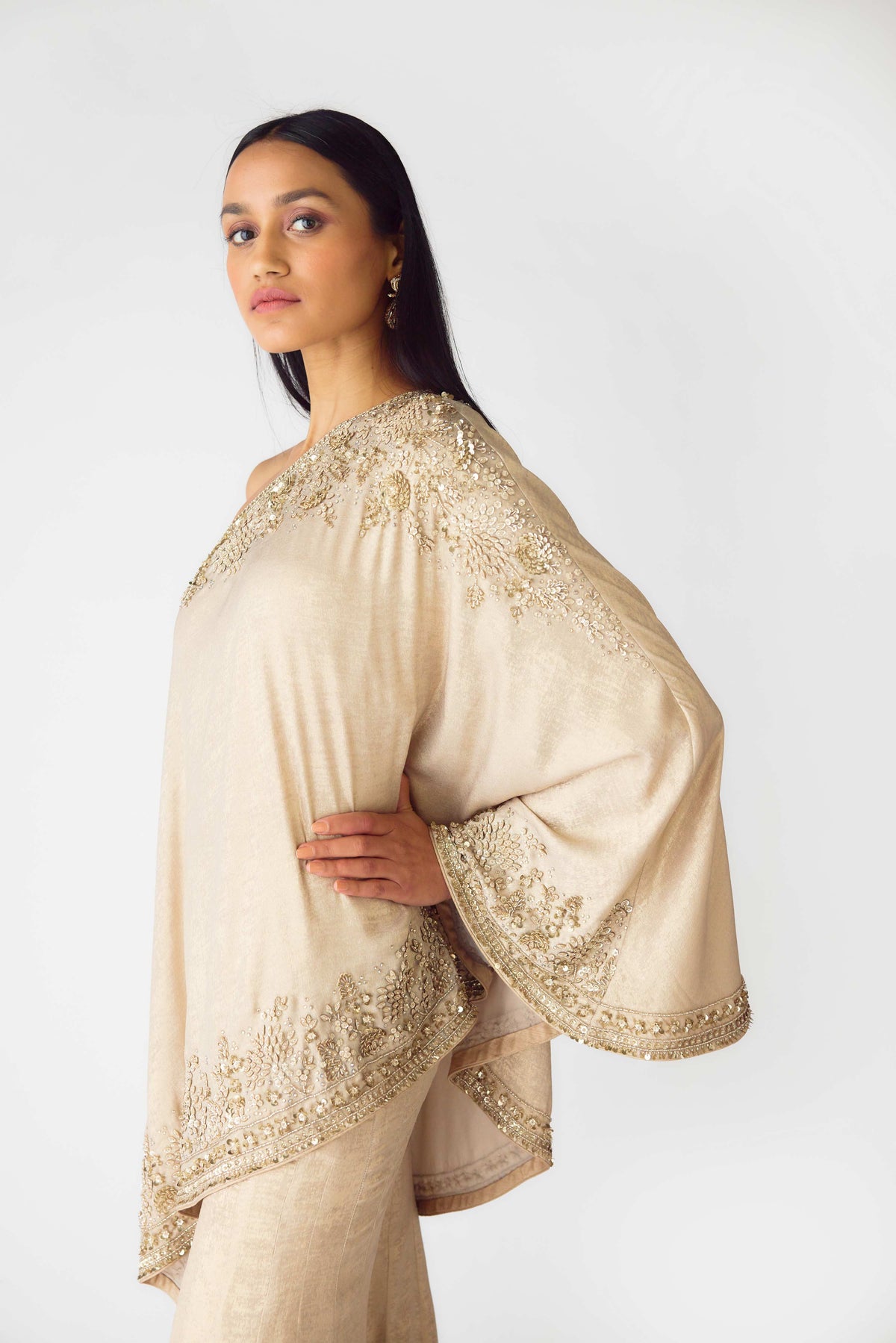 GOLD COCKTAIL SHARARA SET WITH ASYMMETRICAL ONE SHOULDER CUT
