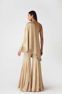 GOLD COCKTAIL SHARARA SET WITH ASYMMETRICAL ONE SHOULDER CUT