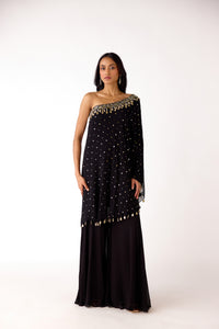 BLACK MIRROR EMBROIDERED ONE SHOULDER SHARARA SET | Nishly Fashion House