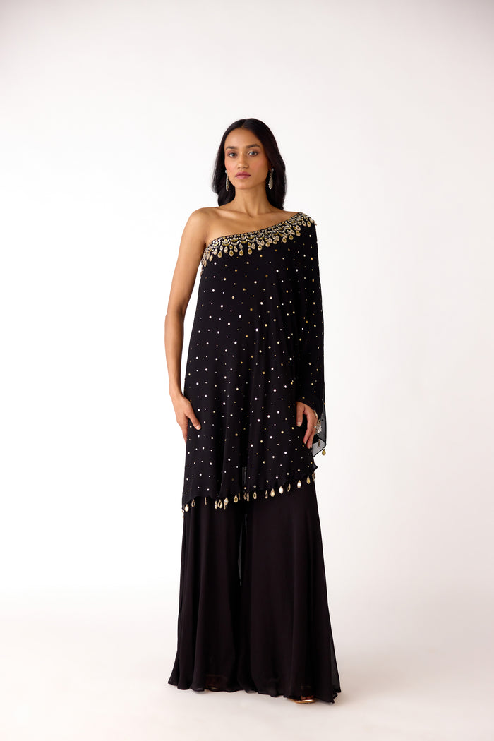 BLACK MIRROR EMBROIDERED ONE SHOULDER SHARARA SET | Nishly Fashion House