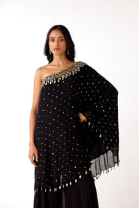 BLACK MIRROR EMBROIDERED ONE SHOULDER SHARARA SET | Nishly Fashion House