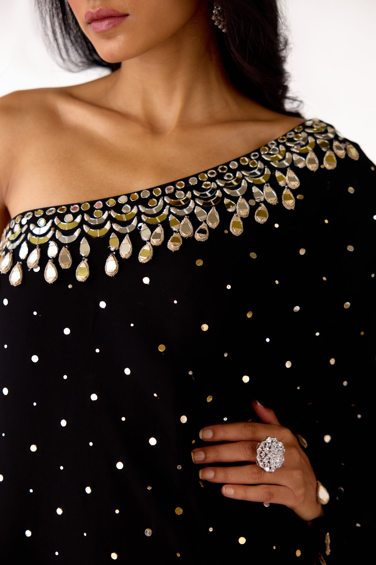 BLACK MIRROR EMBROIDERED ONE SHOULDER SHARARA SET | Nishly Fashion House