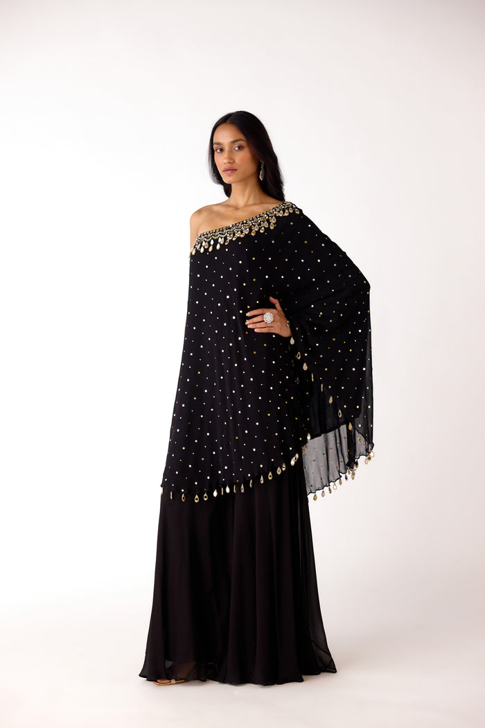 BLACK MIRROR EMBROIDERED ONE SHOULDER SHARARA SET | Nishly Fashion House