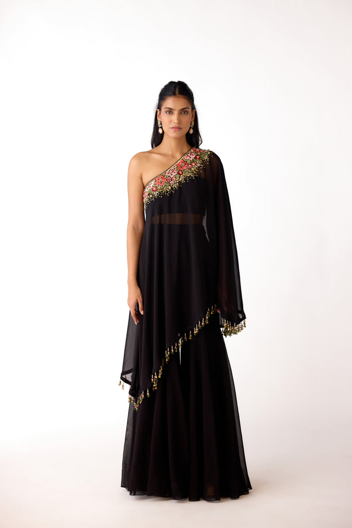 BLACK EMBROIDERED ONE SHOULDER SHARARA SET | Nishly Fashion House