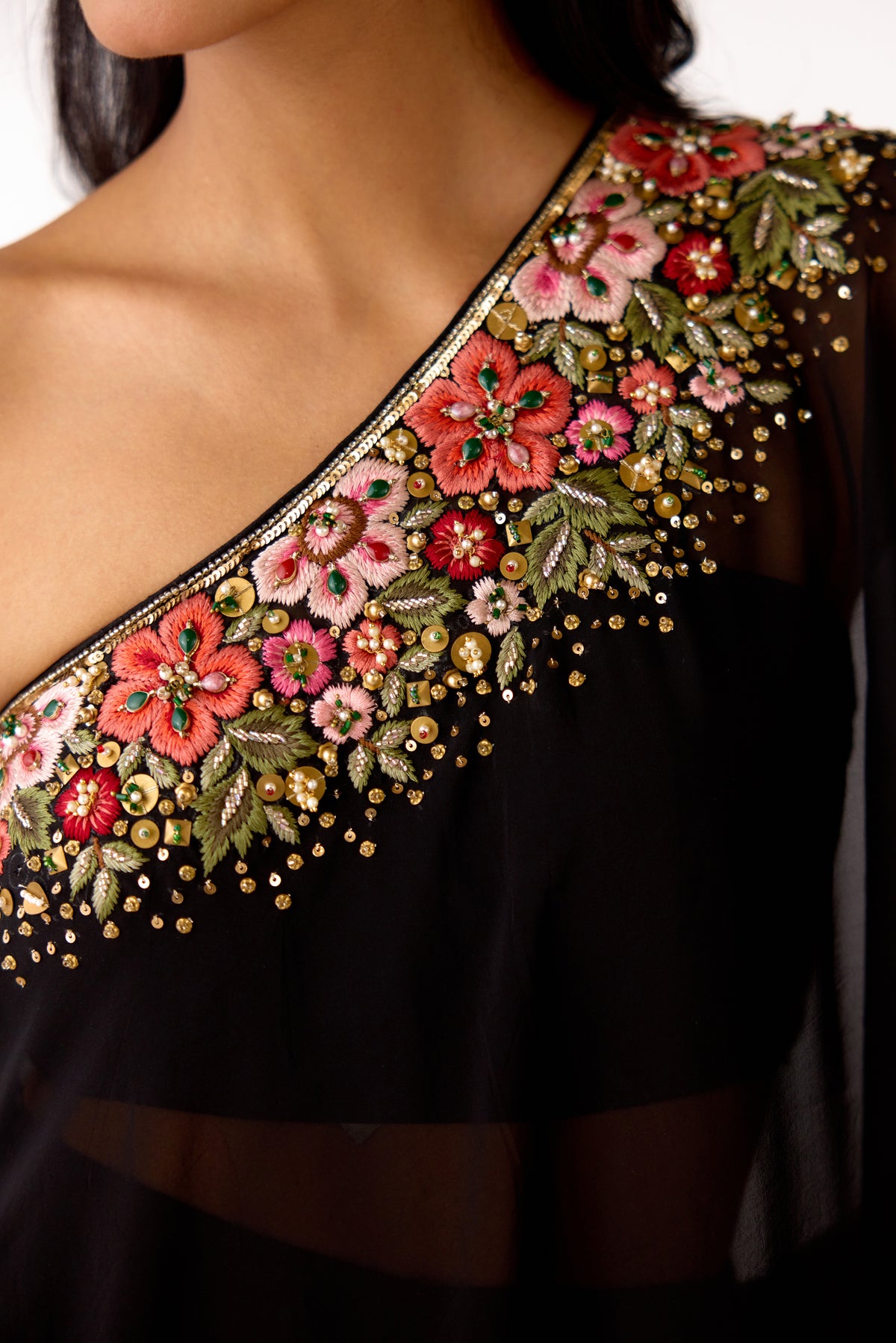 BLACK EMBROIDERED ONE SHOULDER SHARARA SET | Nishly Fashion House
