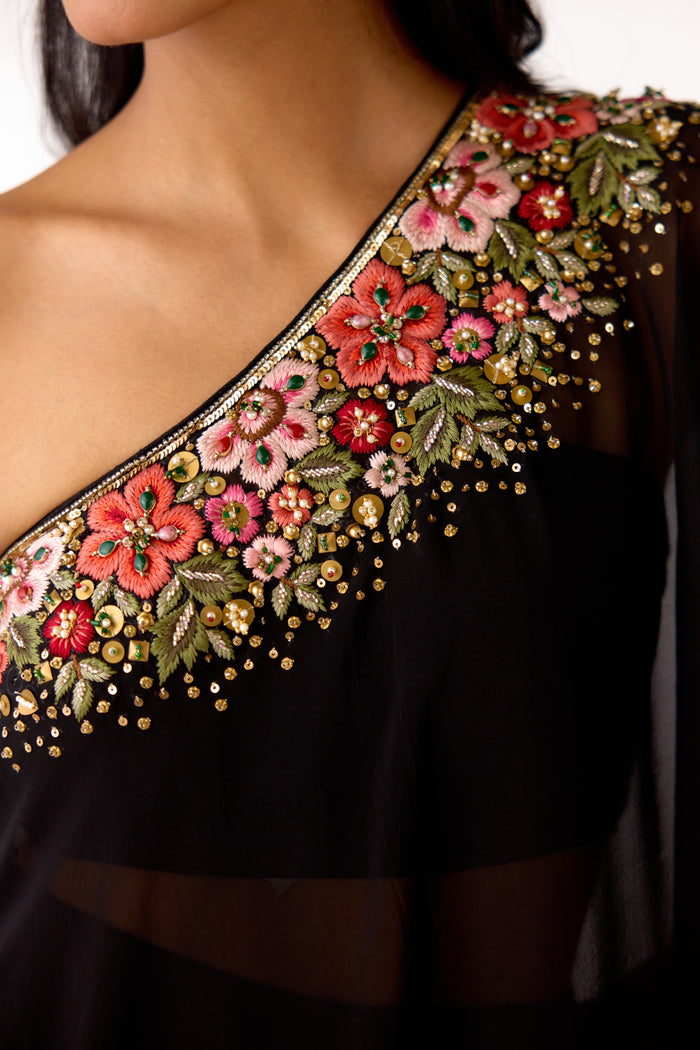 BLACK EMBROIDERED ONE SHOULDER SHARARA SET | Nishly Fashion House