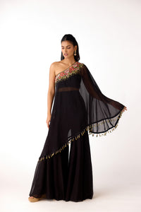 BLACK EMBROIDERED ONE SHOULDER SHARARA SET | Nishly Fashion House