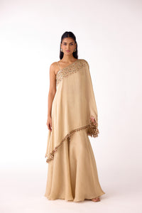 GOLD ONE SHOULDER ASYMMETRIC TOP AND SHARARA SET | Nishly Fashion House