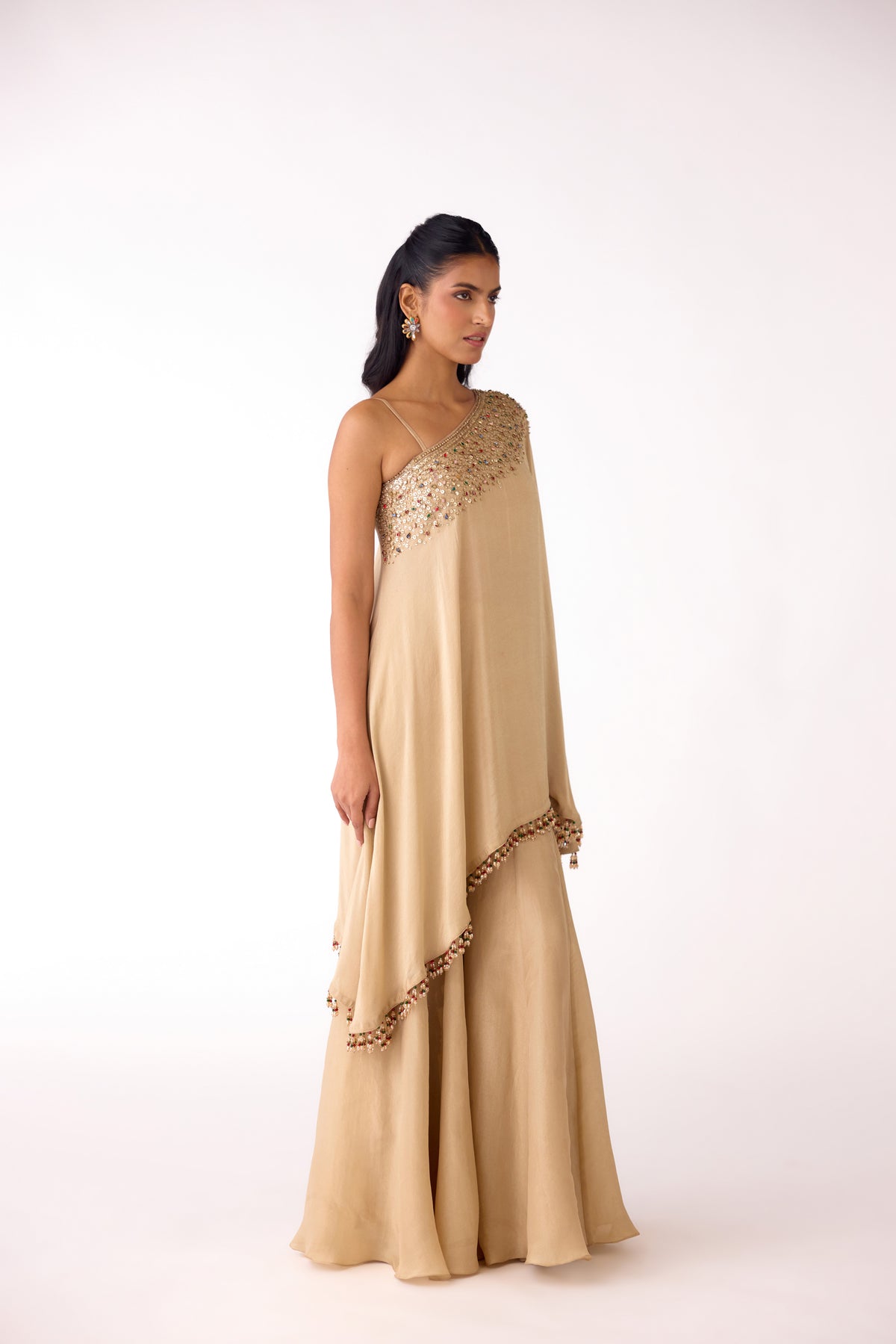 GOLD ONE SHOULDER ASYMMETRIC TOP AND SHARARA SET | Nishly Fashion House