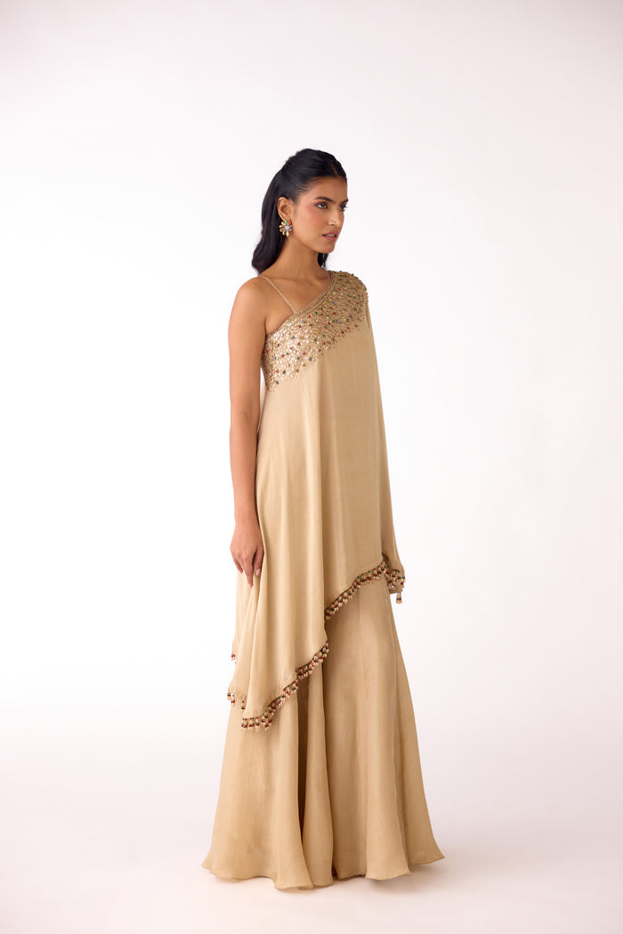 GOLD ONE SHOULDER ASYMMETRIC TOP AND SHARARA SET | Nishly Fashion House