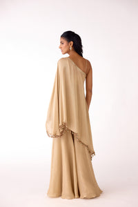 GOLD ONE SHOULDER ASYMMETRIC TOP AND SHARARA SET | Nishly Fashion House