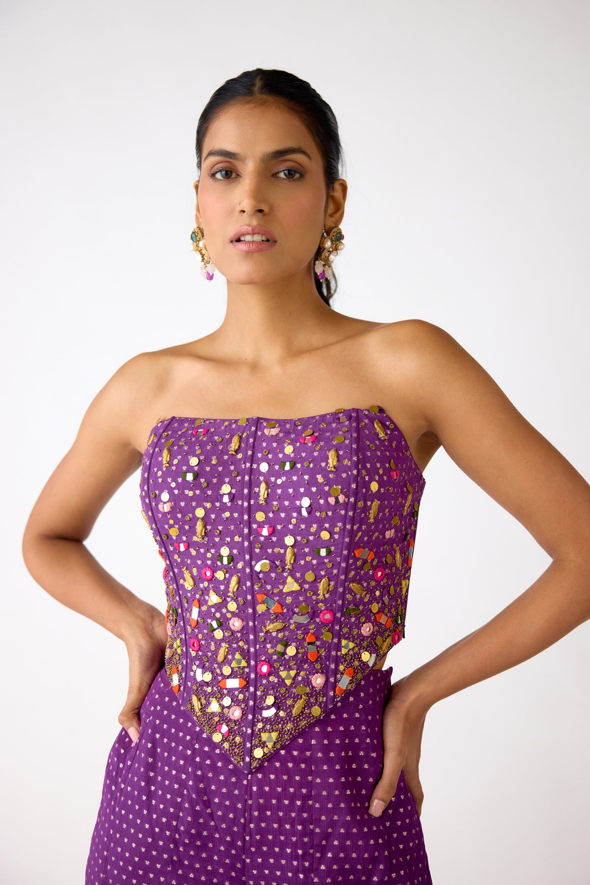 PURPLE CHINON EMBROIDERED CORSET SHARARA SET | Nishly Fashion House