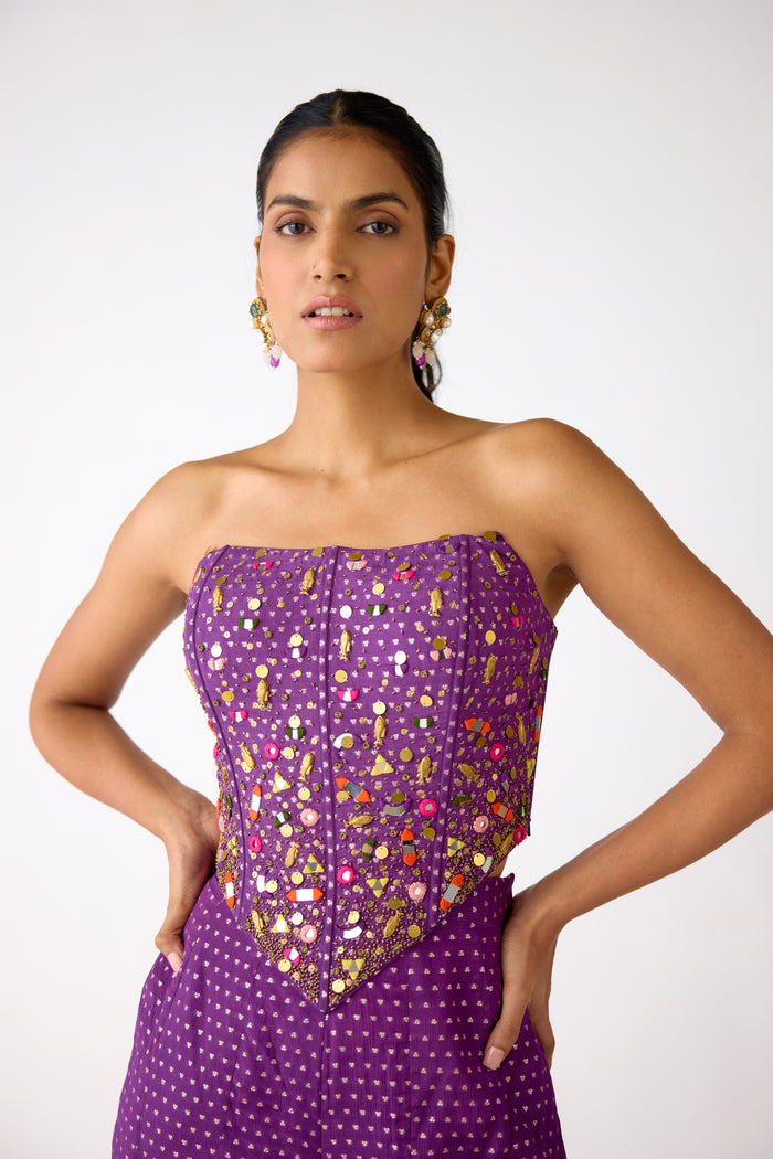 PURPLE CHINON EMBROIDERED CORSET SHARARA SET | Nishly Fashion House