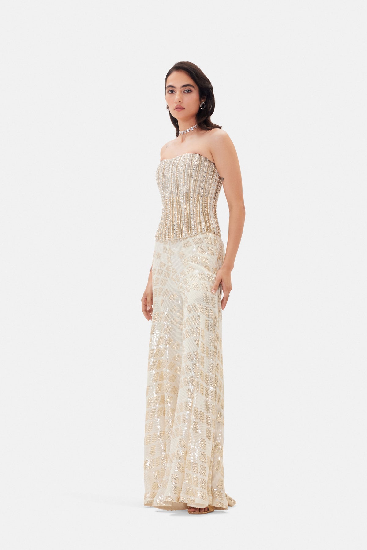 HAND EMBROIDERED IVORY BLING CORSET SHARARA SET
