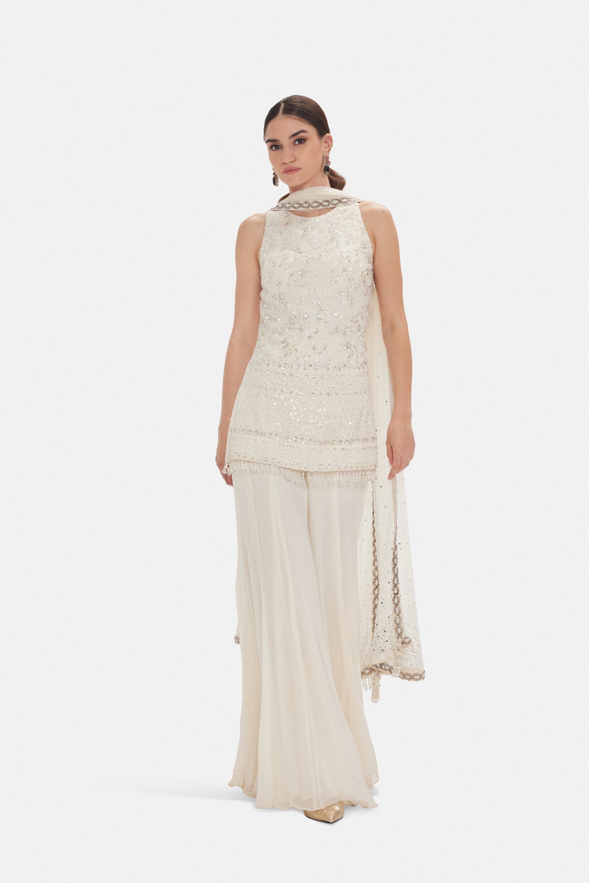 CONTEMPORARY IVORY EMBROIDERED FLARED SHARARA SET