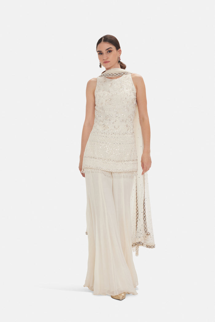 CONTEMPORARY IVORY EMBROIDERED FLARED SHARARA SET