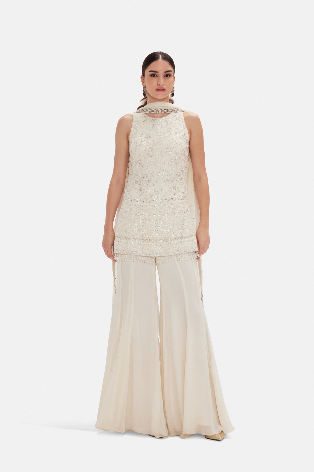 CONTEMPORARY IVORY EMBROIDERED FLARED SHARARA SET