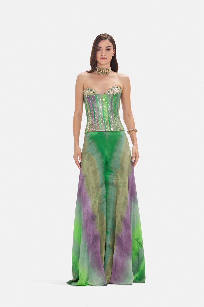 GREEN PRINTED EMBROIDERED CORSET SHARARA SET