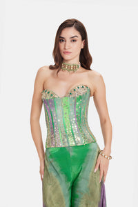 GREEN PRINTED EMBROIDERED CORSET SHARARA SET