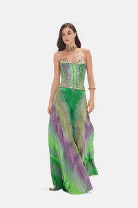 GREEN PRINTED EMBROIDERED CORSET SHARARA SET