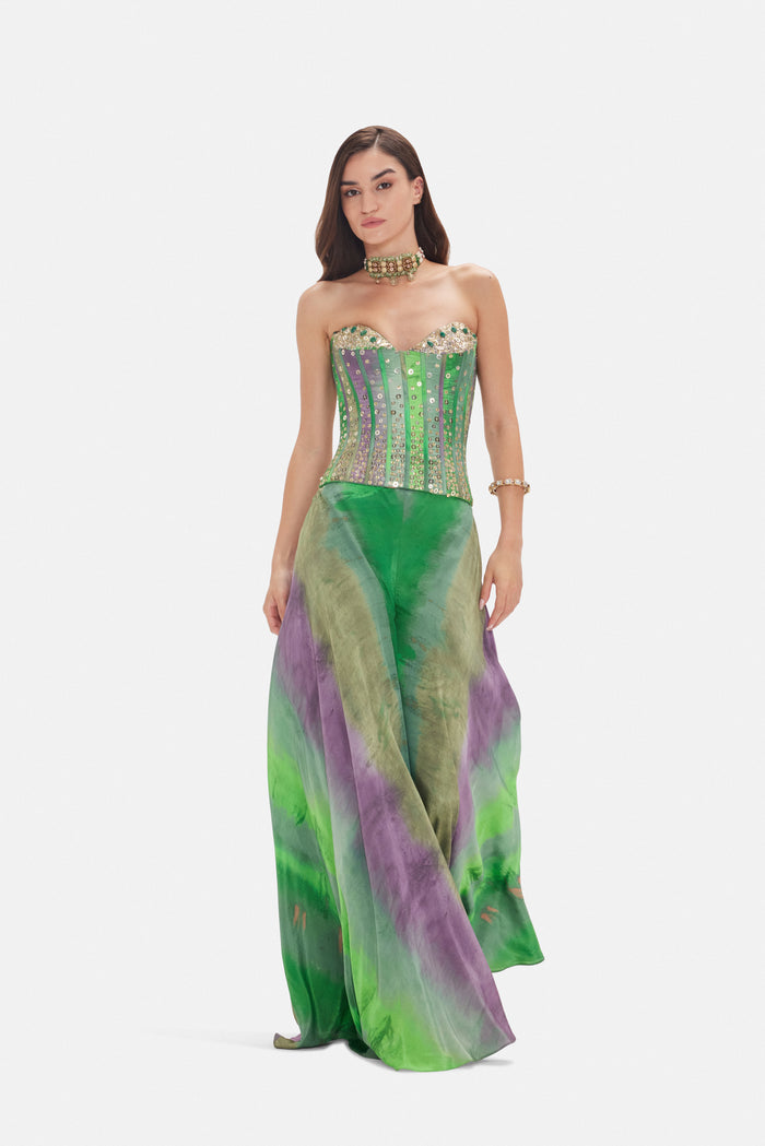 GREEN PRINTED EMBROIDERED CORSET SHARARA SET