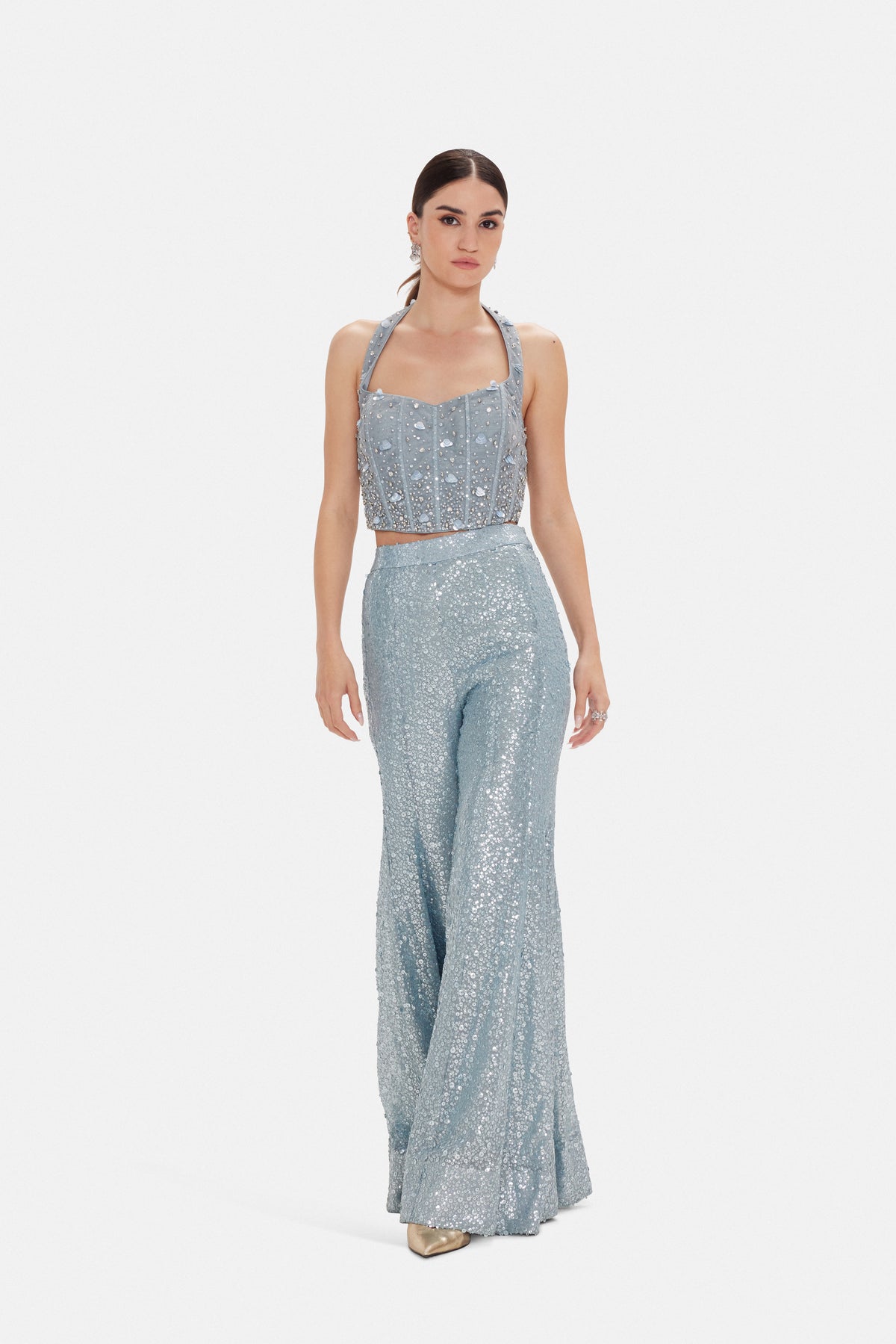 BLUE HALTER NECK SEQUINS EMBROIDERED CORSET SHARARA SET