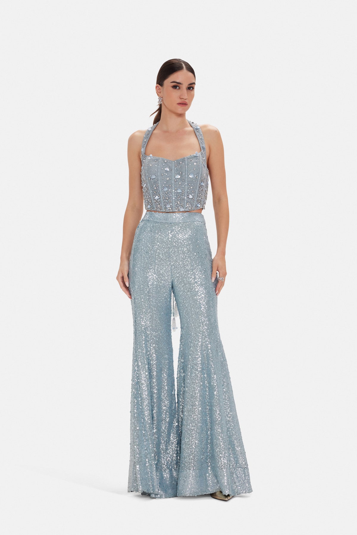 BLUE HALTER NECK SEQUINS EMBROIDERED CORSET SHARARA SET