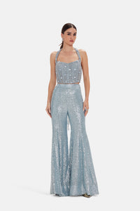 BLUE HALTER NECK SEQUINS EMBROIDERED CORSET SHARARA SET