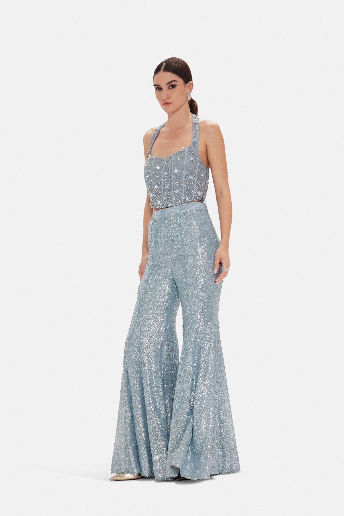 BLUE HALTER NECK SEQUINS EMBROIDERED CORSET SHARARA SET