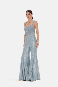 BLUE HALTER NECK SEQUINS EMBROIDERED CORSET SHARARA SET