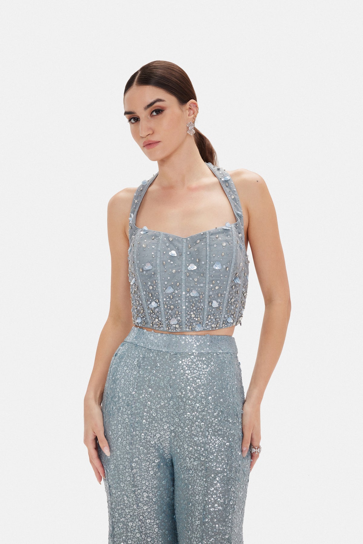 BLUE HALTER NECK SEQUINS EMBROIDERED CORSET SHARARA SET