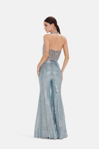 BLUE HALTER NECK SEQUINS EMBROIDERED CORSET SHARARA SET