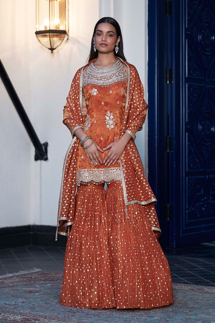 RUST TISSUE EMBROIDERED SHARARA SET