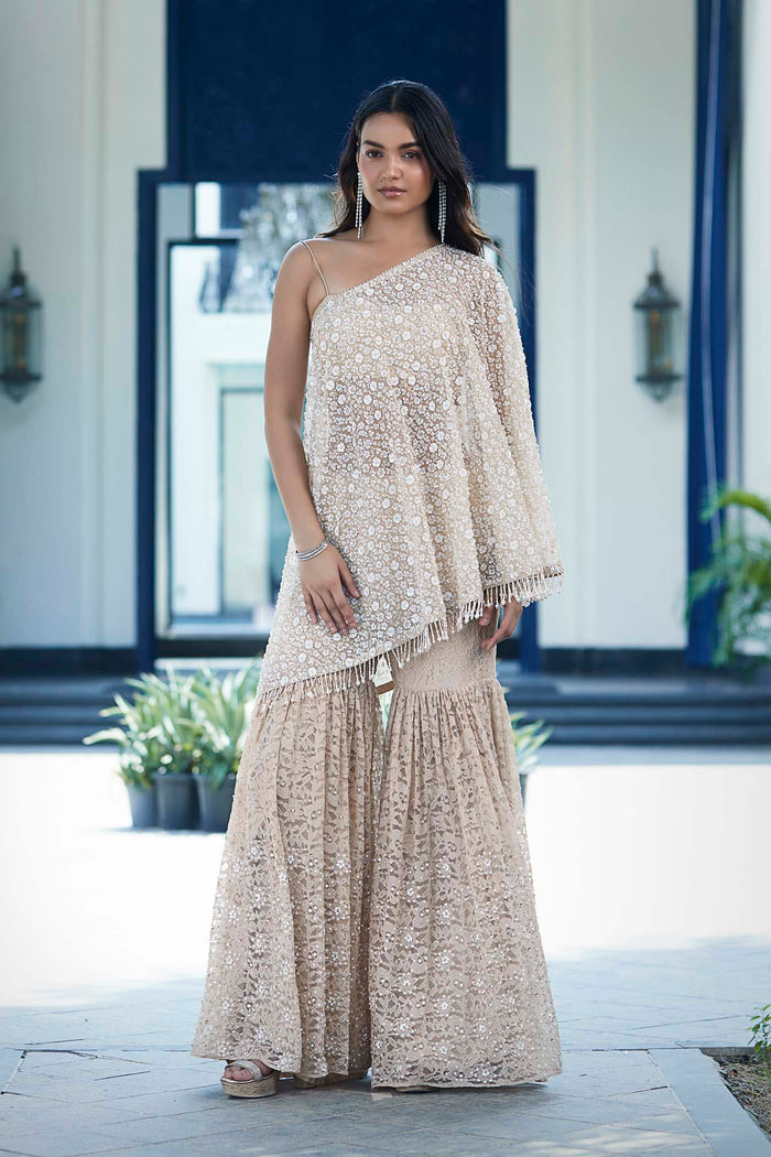BEIGE CHANTILLY EMBROIDERED SHARARA SET