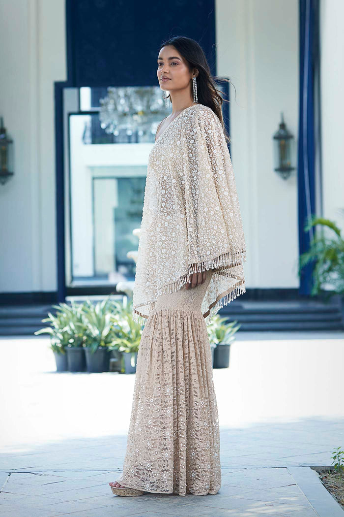 BEIGE CHANTILLY EMBROIDERED SHARARA SET