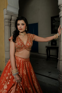 ORANGE BANARASI SILK LEHENGA SET WITH ZARI EMBROIDERY