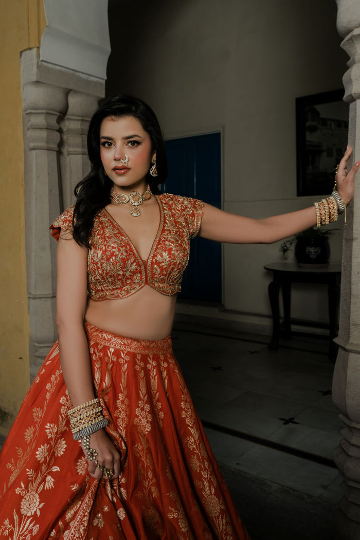 ORANGE BANARASI SILK LEHENGA SET WITH ZARI EMBROIDERY