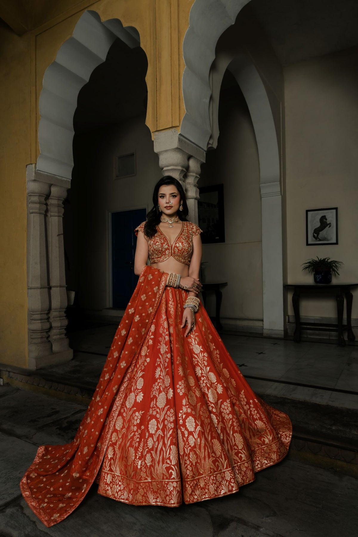 ORANGE BANARASI SILK LEHENGA SET WITH ZARI EMBROIDERY