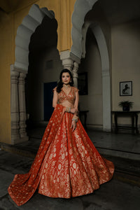 ORANGE BANARASI SILK LEHENGA SET WITH ZARI EMBROIDERY
